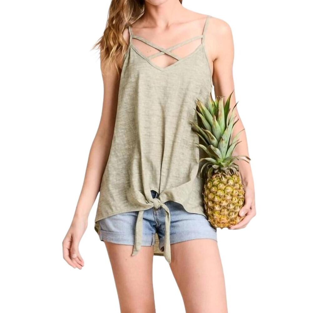 NEW HOPELY sleeveless top with tie details on hem in olive